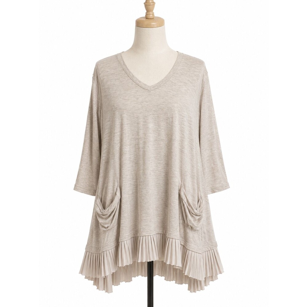 LOGO Lori Goldstein Top Size 1x Oatmeal V-Neck Pockets Pleated Trim Shirt Beige